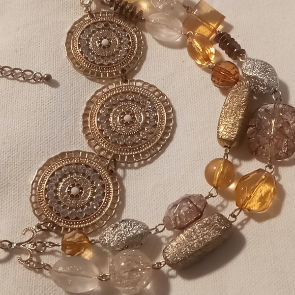 Layered Statement necklace gold tone crystals and beaded 16 -18- 20 + 4 in. - Picture 4 of 6